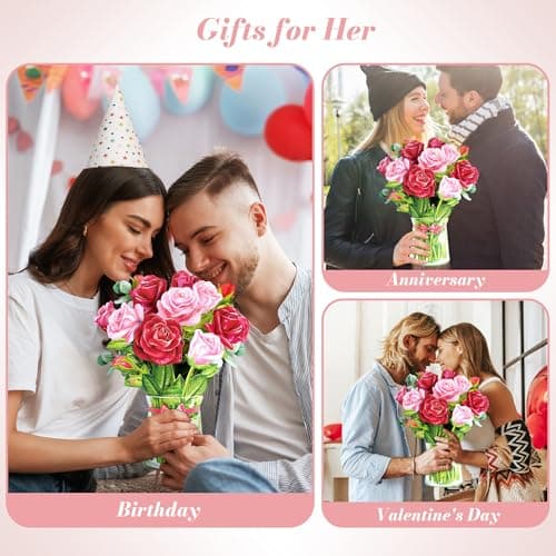 Airpark Mothers Day Gifts Card, 3D Pop Up Paper Flowers Bouquet 12’‘ with Note & Envelope, Birthday, Get Well, Teacher Appreciation Gifts, Anniversary, Wedding Gifts Cards for Women Wife Mom, Red Rose - Thumbnail 4