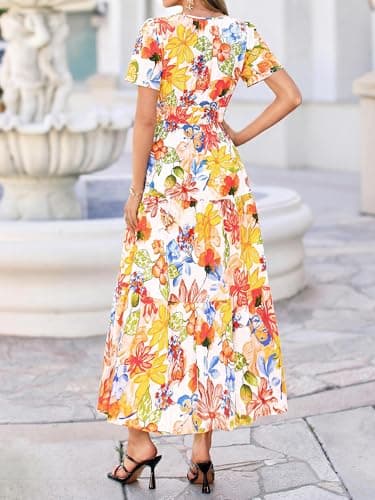 BTFBM Womens Summer Floral Maxi Dresses V Neck Short Sleeve Boho Casual Flowy Long Wedding Guest Dress Beach Vacation(Floral Multicolored, XX-Large) - Thumbnail 3