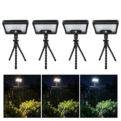 Varmtalys Solar Motion Lights - with Flexible Tripod 3-Color Mode lamp, 92 LEDs 600LM Lights with 2700K/5000K/7000K Adjustable Hightlight, Security Lights for Fence, Deck, Gutter (4-Pack - Image 1