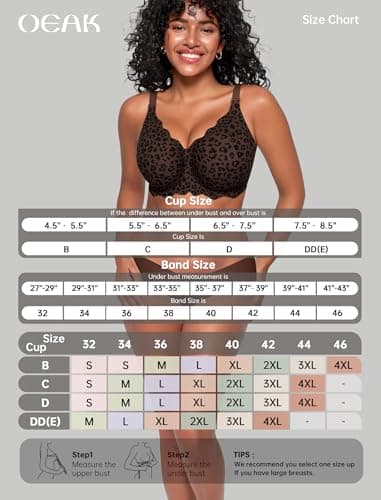OEAK Women Jelly Bras No Underwire Scalloped Push Up Buttery Soft Tshirt Bra Seamless Full Coverage Convertible Everyday Bra Leopard Coffee,4XL - Thumbnail 6