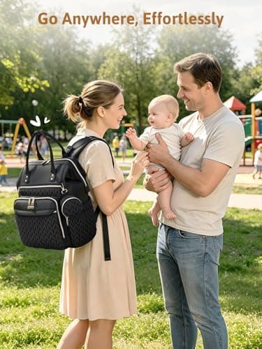 Lekesky Quilted Diaper Bag Backpack, Wide Opening Large Baby Bag for Mom Dad Maternity Baby Boy Girls, Black Travel Diaper Backpack with Changing Pad, Insulated Pockets, Pacifier Case - Thumbnail 2