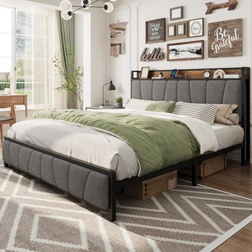 King Size Bed Frame with 2 Storage Drawers and Charging Station, Rustic Linen Upholstered Platform Bedframe with Storage Headboard, No Box Spring Needed, Easy Assembly, Noise Free, Grey - Image 1