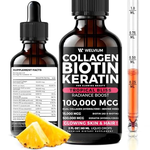 WELVIUM Liquid Biotin and Collagen Peptide Complex with Keratin, Hyaluronic Acid, MCT Oil, Zinc, Vitamins B6, B7, B12, A, C, D3, E - Hair, Skin, and Stronger Nails Supplement for Women and Men - Image 1