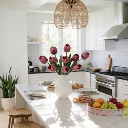 LILUYTO Deep Red Fake Tulips,18.5" PU Artificial Tulips Flowers for Spring Easter Home Kitchen Wedding Bouquet Bulk Mother's Gift Day Decorations - Thumbnail 5