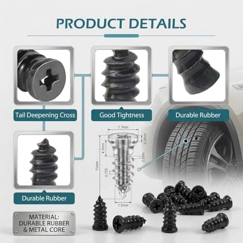 60Pcs Tire Repair Screws Rubber Nails, Tubeless Tire Repair Kit with Sealant Layer, Dual Size Heavy Duty Self-Service Tire Plugs for Car, Motorcycle, Truck, Flat Tire Puncture Emergency Repair - Thumbnail 3