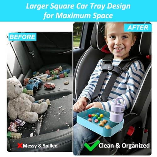 Car Seat Snack Tray for Kids, Mess-Free Square Travel Tray Cup Holder Snack Tray, Durable Car Food Tray for Toddlers, Universal Fit Kids Travel Road Trip Essentials (1, Sky Blue) - Thumbnail 3