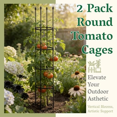 2 Pack Tomato Cages for Garden | Heavy Duty Rustproof Round Tomato Cage | 63 Inch Steel Core Plastic Coated Garden Trellis Plant Support for Tomato, Cucumber, Beans, Flower, Vegetable Indoor Outdoor - Thumbnail 2