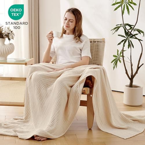 Joydeco 100% Cotton Muslin Throw Blanket for Couch Bed and Sofa, 4-Layer Lightweight and Breathable Soft Gauze Blanket for All Season, Luxury Throws Cotton Blanket Gift(Light Tan, 50"x70") - Thumbnail 4