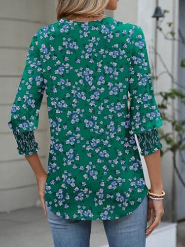 ANRABESS Women's 3/4 Sleeve Henley Blouse, Soft V Neck Top for Dressy Casual, Work & Business Office Wear Green Purple Floral XX-Large - Thumbnail 5