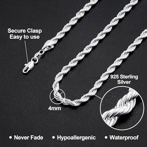 HIMSTORY S925 Sterling Silver Chain for Men, 4mm Rope Chain Necklace for Men Jewelry Sturdy Non-Fading Mens Silver Chains Jewelry Gifts for Dad Husband 24 Inch - Thumbnail 3