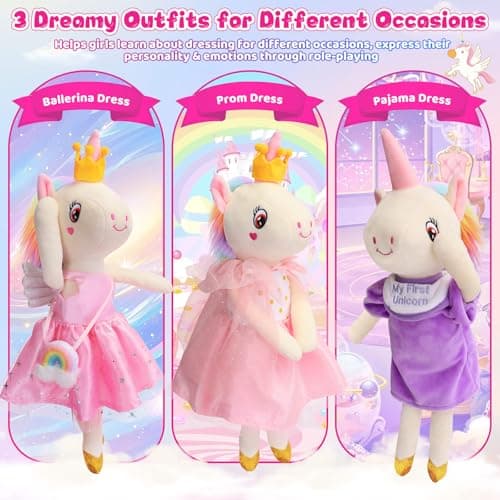 Unicorn Toys for Girls Age 4-6, Ballerina Doll Toys for Girls 3-5, Ballet Dress up Stuffed Animals Dolls with 3 Sets of Clothes & Plush Bag, Unicorn Birthday Gifts for Kids Age 3 4 5 6 7 8 9 10 - Thumbnail 2