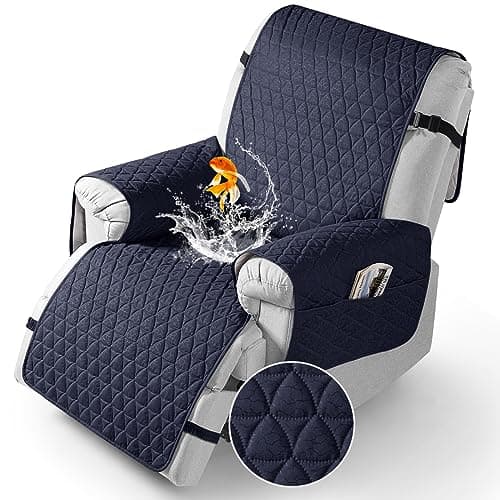TAOCOCO 100% Waterproof Recliner Chair Covers, Non Slip Recliner Covers that Stay in Place, One-Piece Washable Reclining Chair Cover with Elastic Straps, Dark Blue, Fits 28" Seat Width