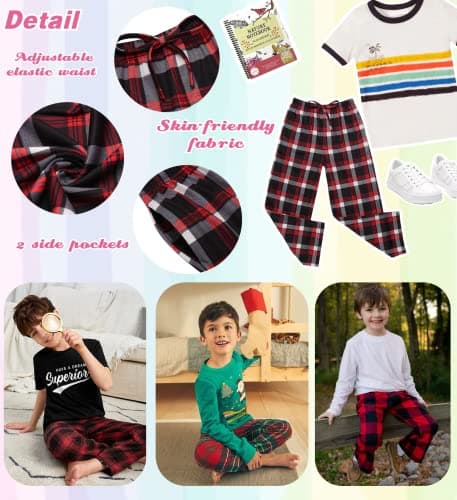 Ekouaer Boys Pajama Pants Long Sleep Bottoms Soft Elastic Waist Plaid Lounge Pants With 2 Pockets - Thumbnail 4