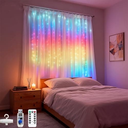 300LED Fairy Curtain Lights, 9.8x9.8Ft Warm White USB Plug in 8 Modes & Timer Christmas String Hanging Lights with Remote for Bedroom Indoor Outdoor Weddings Party Wall Decorations(rainbow) - Thumbnail 2