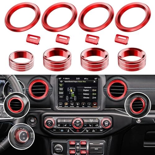 DIAMOOKY 12PCS Metal Button Knob Cover for Jeep Wrangler JL JLU 2018-2023 & Gladiator JT Accessories Window Switch Button Cover Volume Radio Headlight Switch Knob Cover Dashboard Air Vent Cover (Red)
