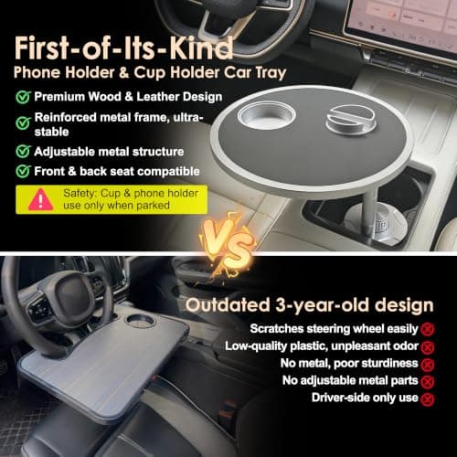 Car Food Tray & Car Table Tray with Car-Grade Aluminum Cup Holder & Phone Stand, Premium Wood with Leather Surface, 360° Rotating Car Desk for Laptop &Eating (Round, Black) - Thumbnail 2