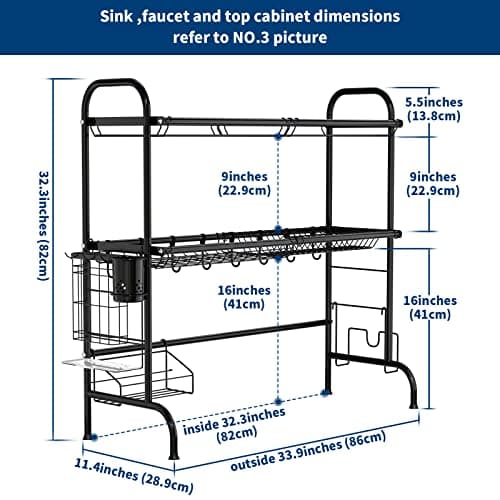 MOUKABAL Dish Drying Rack - Stainless Steel Over The Sink Dish Drying Rack (Expandable Length), 2 Tier Large Dish Rack with Utensil Holder, 32.3" - 33.9"(L) x 11.4"(W) x 32.3"(H) Black - Thumbnail 4