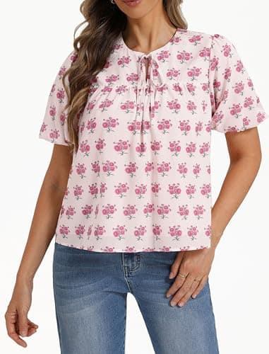 Belle Poque Red Floral Babydoll Tops for Women Short Puff Sleeve Tie Front Blouse Loose Fit 2026 Summer Boho Tops M - Thumbnail 2