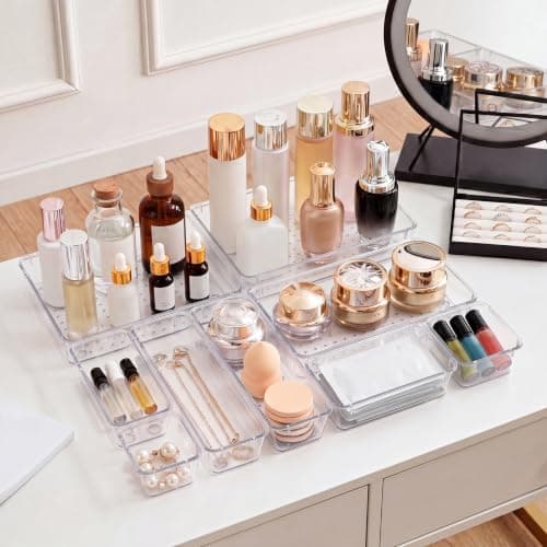 Asnews 13 Pcs Makeup Drawer Organizer Set, 5 Sizes Versatile Vanity Drawer Organizer for Makeup, Non-Slip Desk Organizer Trays for Bathroom, Bedroom, Office, Fits Jewelry and Office Supplies - Thumbnail 3