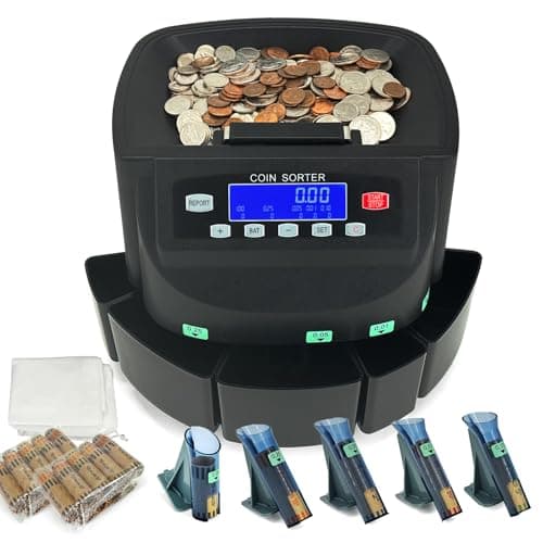 Professional USD Coin Counter and Sorter with LCD Display,Coin Sorter Machine for USD Coin 1￠5￠10￠25￠$1, 2000-coin Capacity,300 Coins/min,Automatic Change Counter,5 Bins,5 Tubes (+96 Wrappers+Cover) - Image 1