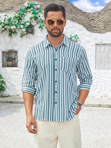 Hardaddy Men's Classic Color Contrast Striped Shirt Long Sleeve Casual Button Down Shirts Blouse Blue 01 XXL - Thumbnail 4