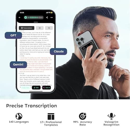 E EAZEYAI AI Voice Recorder, Transcribe & Summarize with AI Technology, Note Voice Recorder with App Control, Support 140 Languages, 64GB Memory, Audio Recorder for Lectures, Meetings, Calls(Blue) - Thumbnail 2