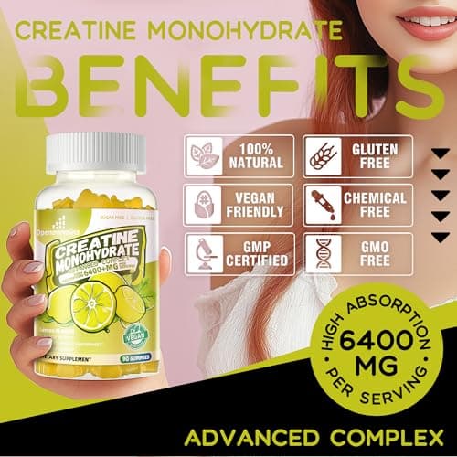 Creatine Monohydrate Gummies Complex for Men & Women -Advanced Formula W/L-Taurine + Vitamin B12, Sugar Free Chewable Supplement,90 Lemon Gummies - Thumbnail 3