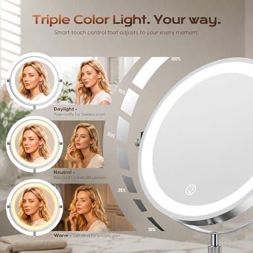 Dienmern Lighted Makeup Mirror, 1X/20X Double-Sided Magnifying Vanity Mirror with Lights, 360° Rotation, 5000mAh Rechargeable Adjustable Brightness with 3 Colors for Dorm, Living Room, Women Gift - Thumbnail 2