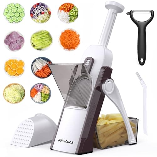 Safe Mandoline Slicer for Kitchen, Adjustable Thickness 0.1-8 mm, 5 in 1 Multi Vegetable Chopper, Potato Slicer, Food Chopper French Fry Cutte, with Paring Knife/Cleaning Brush, Mandolin (Brown) - Image 1