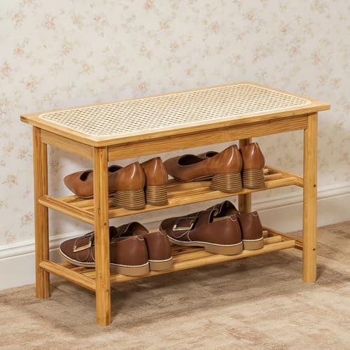 latifolia Shoe Rack Bench, 3-Tier Bamboo Shoe Bench with Breathable Rattan Seat Cushion, Shoe Storage Rack for Entryway(Nature,23.62''L) - Image 1