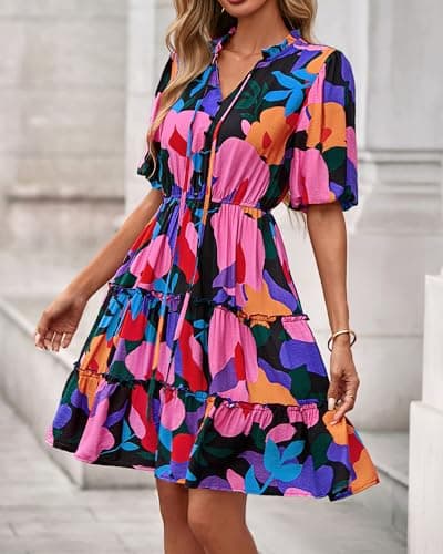 BTFBM Women Summer Floral Short Dresses V Neck Short Sleeve Tiered Ruffle Boho Swing Dress A-Line Mini Dresses(Floral Black,Medium) - Thumbnail 5