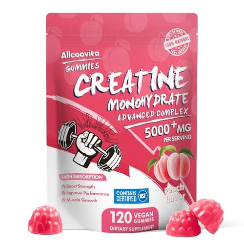 Allcoovita Creatine Monohydrate Gummies 5g for Men & Women. Boost Focus,Strength, and Endurance, Anti-Melting Formula, Vegan, Gluten-Free, Non-GMO,(Peach 120 ct) - Image 1