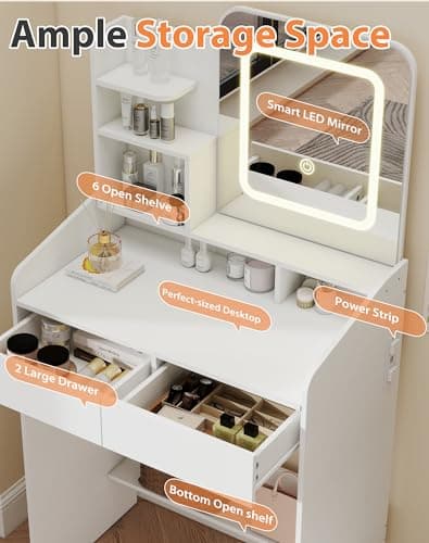 Favoduerme Small Makeup Vanity Desk for Girls with Lighted Mirror, 26.5” W Dressing Table with 2 Drawers and Power Outlet, 3 Light Modes & Adjustable Brightness, Vanity Table for Women Bedroom, White - Thumbnail 3