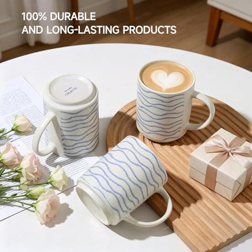 ALOFMO Ceramic Mugs Set of 6, 17oz Coffee Mugs with Handpainted Blue Stripe Pattern, Modern Stackable Coffee Cups, Dishwasher and Microwave Safe Mugs for Coffee, Tea, Milk - Thumbnail 5