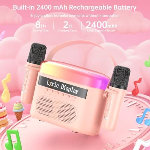 Karaoke Machine for Kids & Adults with Lyrics Display Screen Portable Bluetooth 5.3 Karaoke Speaker with High Power Dual Speakers with Timer White Noise & Night Light Home & Outdoor Party (Pink) - Thumbnail 4