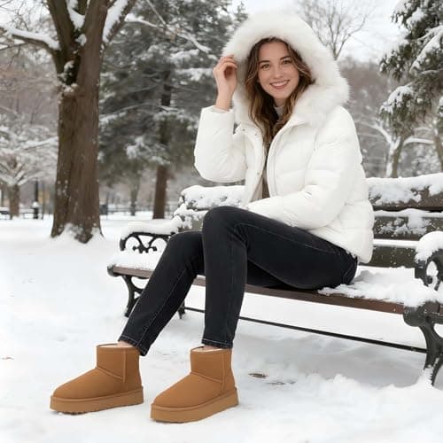 Litfun Suede Platform Mini Boots for Women Genuine Leather Fuzzy Ankle Winter Snow Boots with Fur Lined, Chestnut 39 - Thumbnail 2