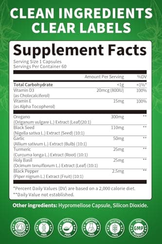 Organic Oil of Oregano Capsules with Black Seed Oil, Garlic, Turmeric, Holy Basil, Vitamin D3, E & Black Pepper for Better Absorption – Immune, Digestive & Respiratory – Vegan, Non-GMO, 2 Month Supply - Thumbnail 3