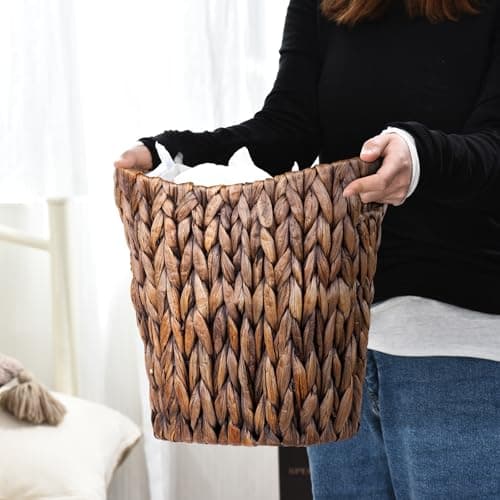 FairyHaus Wicker Waste Basket with Handle, Hand-Woven Water Hyacinth Trash Can for Bathroom Bedroom, Brown Wicker Storage 13 x 7.5 x12.2 - Thumbnail 4