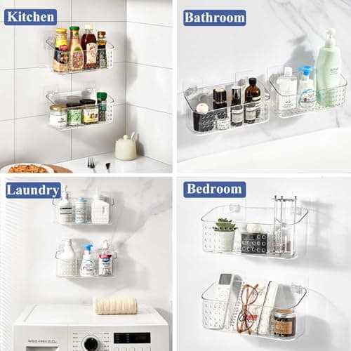 Eunion Bath Toy Storage 2 Packs, Large Bath Toy Holder, Quick Dry Bathtub Toys Organizer, Shower Caddy Shower Organizer for Bathroom Storage, No Drill Shelves Basket, Drainable, Clear White - Thumbnail 4