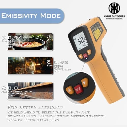 KNINE OUTDOORS Infrared Thermometer Laser Temperature Gun, -58℉ to 1112℉, Single Laser Targeting, Distance to Spot Ratio 12:1, for Cooking, Oven and Meat (Orange) - Thumbnail 4