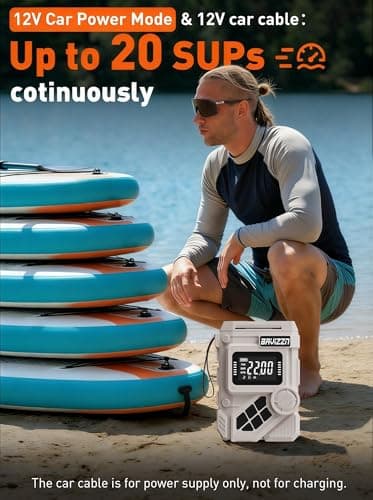BAVIZZN 59.2Wh 22PSI Rechargeable SUP Pump, Dual Stage Electric Paddle Board Pump with Auto-Off LCD, 12V Car/Type-C Input, Battery Powered Inflator for Kayak Boat Inflatables - Thumbnail 5