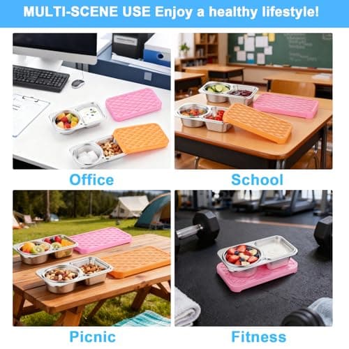 Upmely Stainless Steel Snack Containers, 2 Compartment Leak-Proof Snack Containers with Sillicone Lids, Reusable small Food Storage Containers for School,Travel, Outdoor, Camping,office (2) - Thumbnail 6