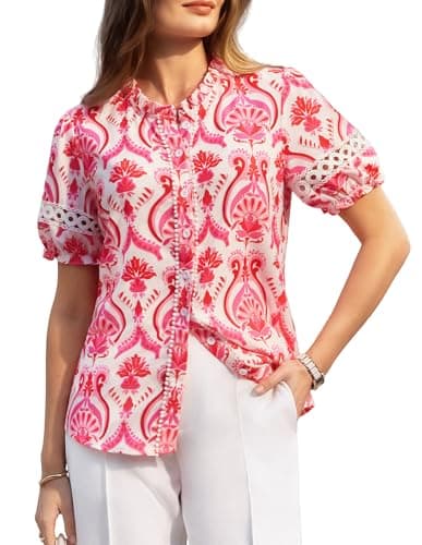 GRACE KARIN Women Boho Floral Tops, Summer Short Eyelet Sleeve Dressy Casual Shirts, Spring Button Down Blouse 2026 Trendy Red X-Large - Image 1