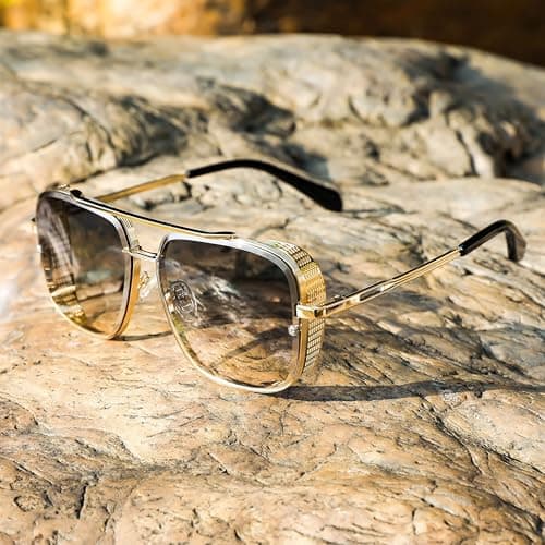 FEISEDY Sunglasses Mens Women Vintage Aviator Square Trendy Metal Steampunk Fishing Driving Sun Glasses B2894 - Thumbnail 5