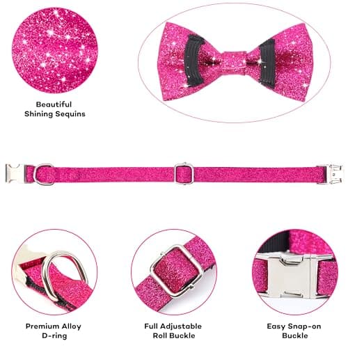 Jumpress Bling Bow Tie Dog Collar and Leash Set, Cute Pink Girl Dog Collar with 5ft Leash for Small Medium Dogs Daily Walking or Holiday Party (Hot Pink, Neck fit 11-16’’) - Thumbnail 3