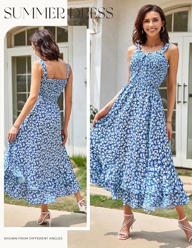GRACE KARIN Women's 2025 Summer Floral Boho Dress Square Neck Strapped Swing A Line Sundress Beach Long Maxi OutfitsBlue L - Thumbnail 2