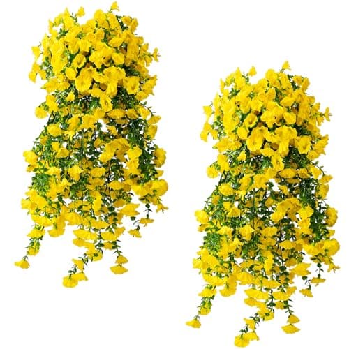 Fanfantoey Artificial Hanging Flowers for Outdoors, 2Pcs UV Resistant Fake Flowers, Realistic Faux Petunias Silk Long Vines Morning Glory Eucalyptus for Outside Planter Porch Patio Decor, Yellow