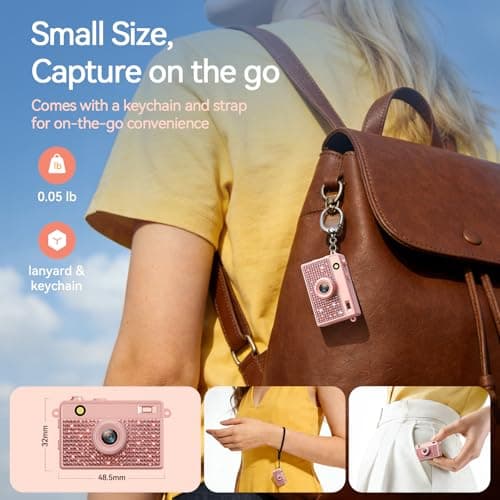 HOTU Mini Keychain Camera, 2K 20 MP Bling Mini Digital Camera with 16G Card for Travel and Vlog, Long Battery Life, Photo Video Camera Compact and Portable for Kids, Teens, Rose Gold - Thumbnail 4