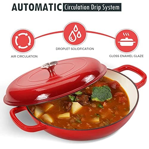 COOKWIN Cast Iron Casserole Braiser, 3.8 Quart Enameled Cast Iron Dutch Oven Pan with Lid, Heavy Duty and Dual Handles Skillet, Oven-Safe Porcelain Surface Casserole Dish, Red - Thumbnail 3