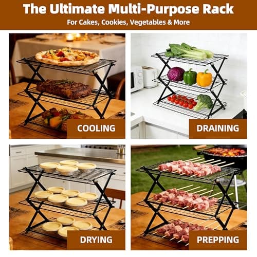 3 Tier Collapsible Cooling Rack with Adjustable 6 Setting Design stackable wire rack for baking sheet for Cookies Baking Gifts for Women (Black, 3-Tier) - Thumbnail 6